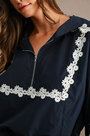 Hood Half Zip-up Lace Trim Windbreaker Jacket And Shorts Set
