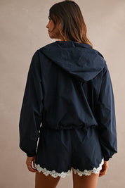 Hood Half Zip-up Lace Trim Windbreaker Jacket And Shorts Set