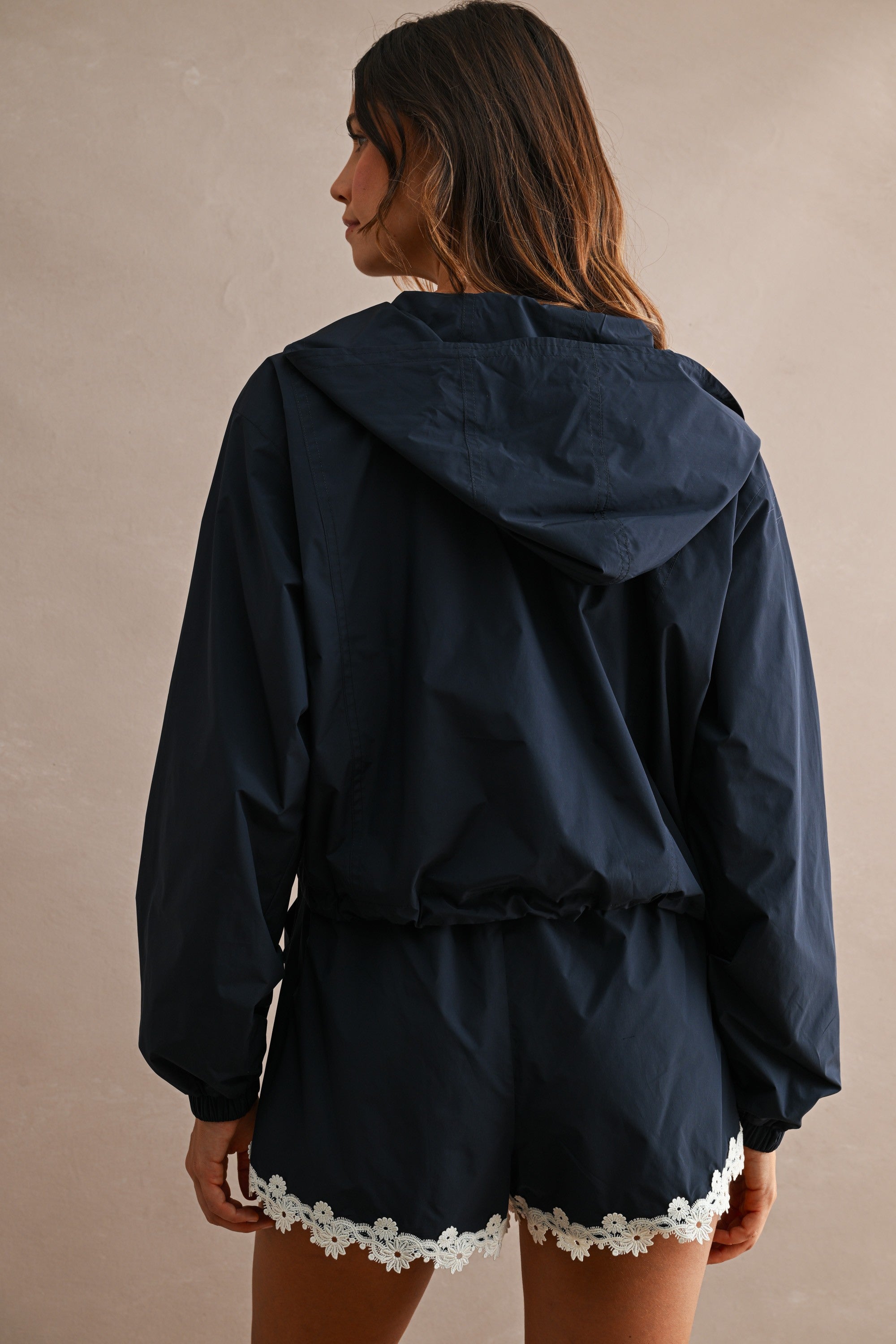 Hood Half Zip-up Lace Trim Windbreaker Jacket And Shorts Set