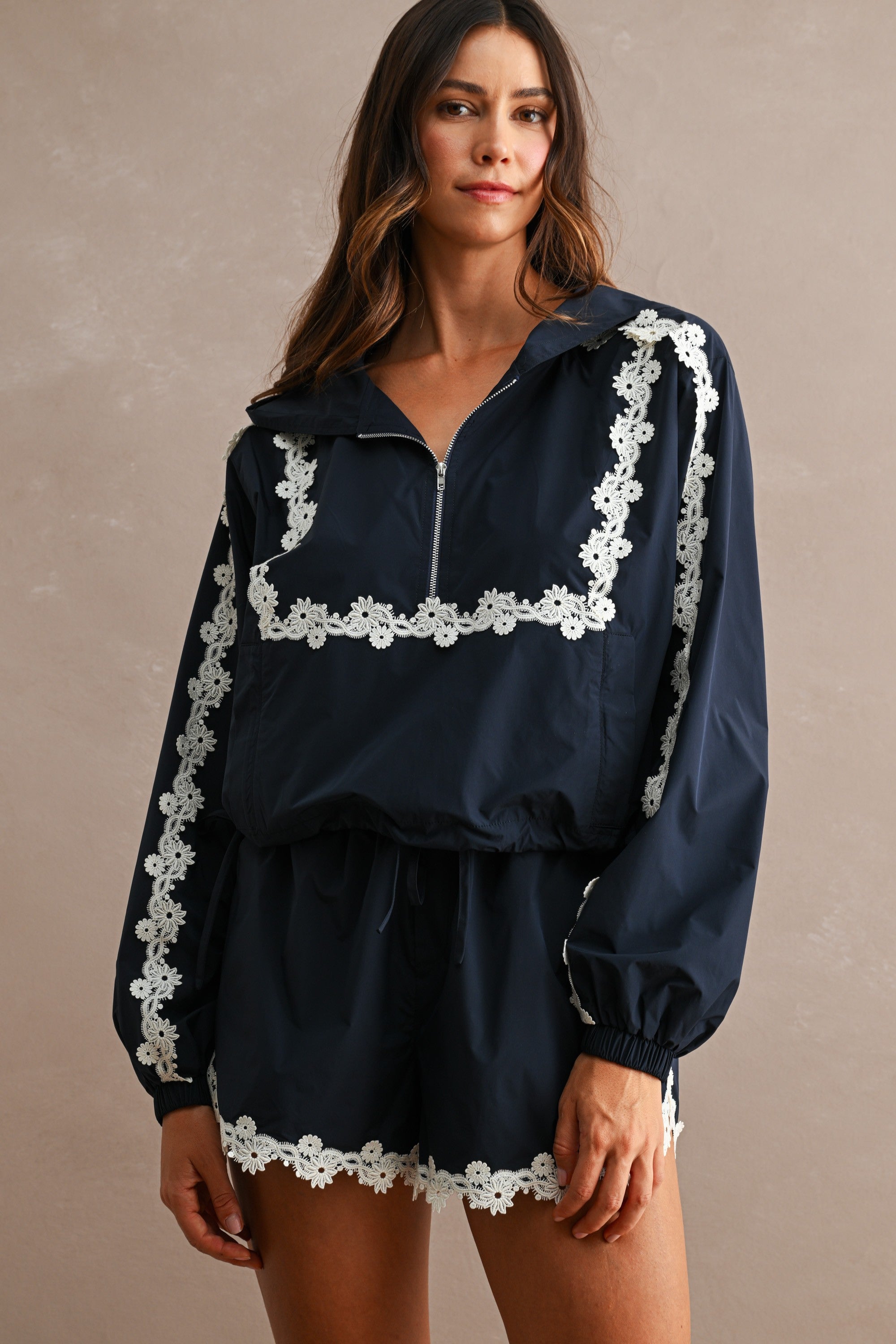 Hood Half Zip-up Lace Trim Windbreaker Jacket And Shorts Set