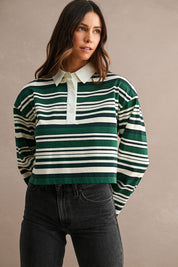 Multi Striped Long Sleeve Contrast Collar Cropped Top