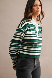 Multi Striped Long Sleeve Contrast Collar Cropped Top