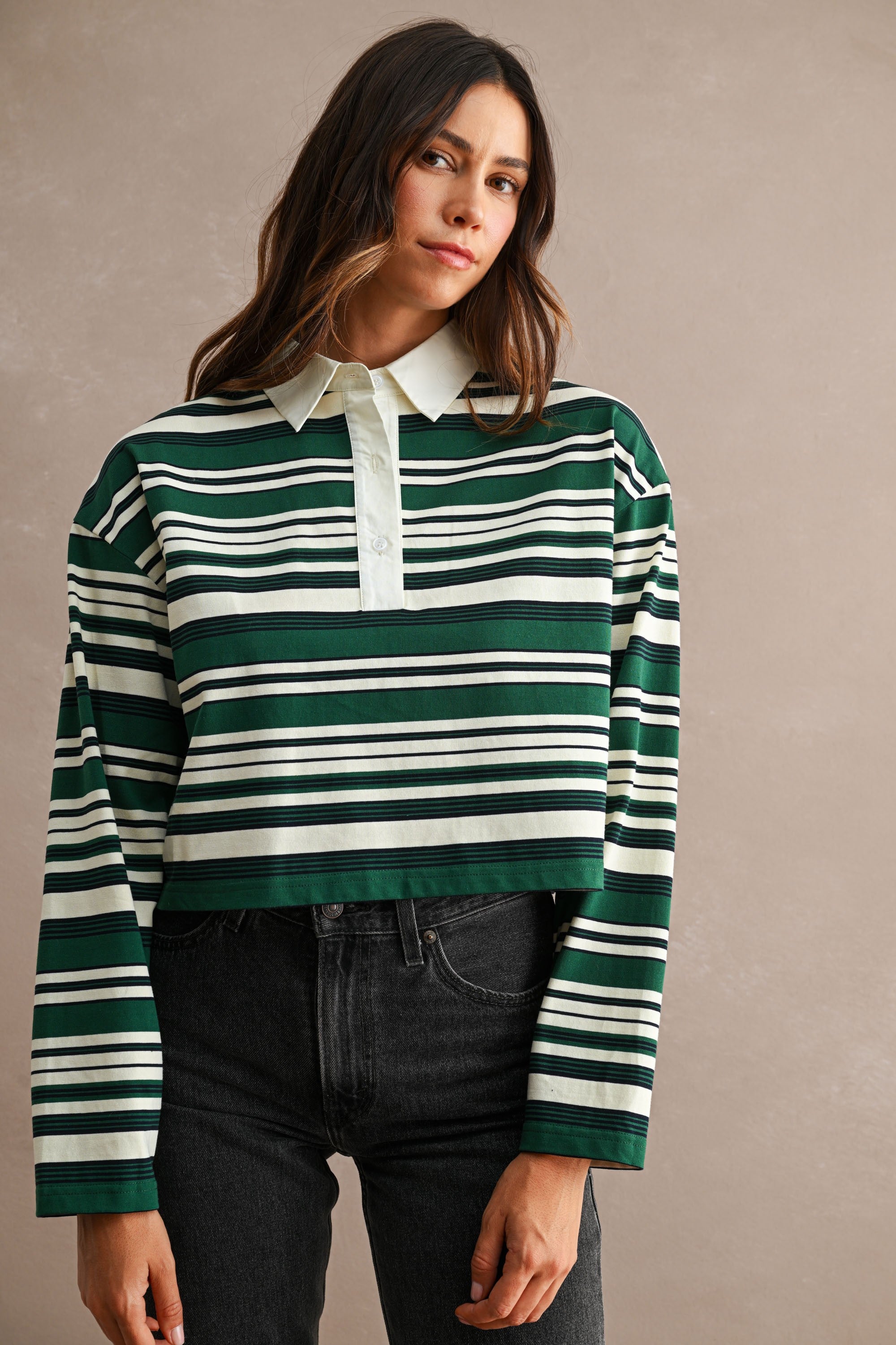 Multi Striped Long Sleeve Contrast Collar Cropped Top