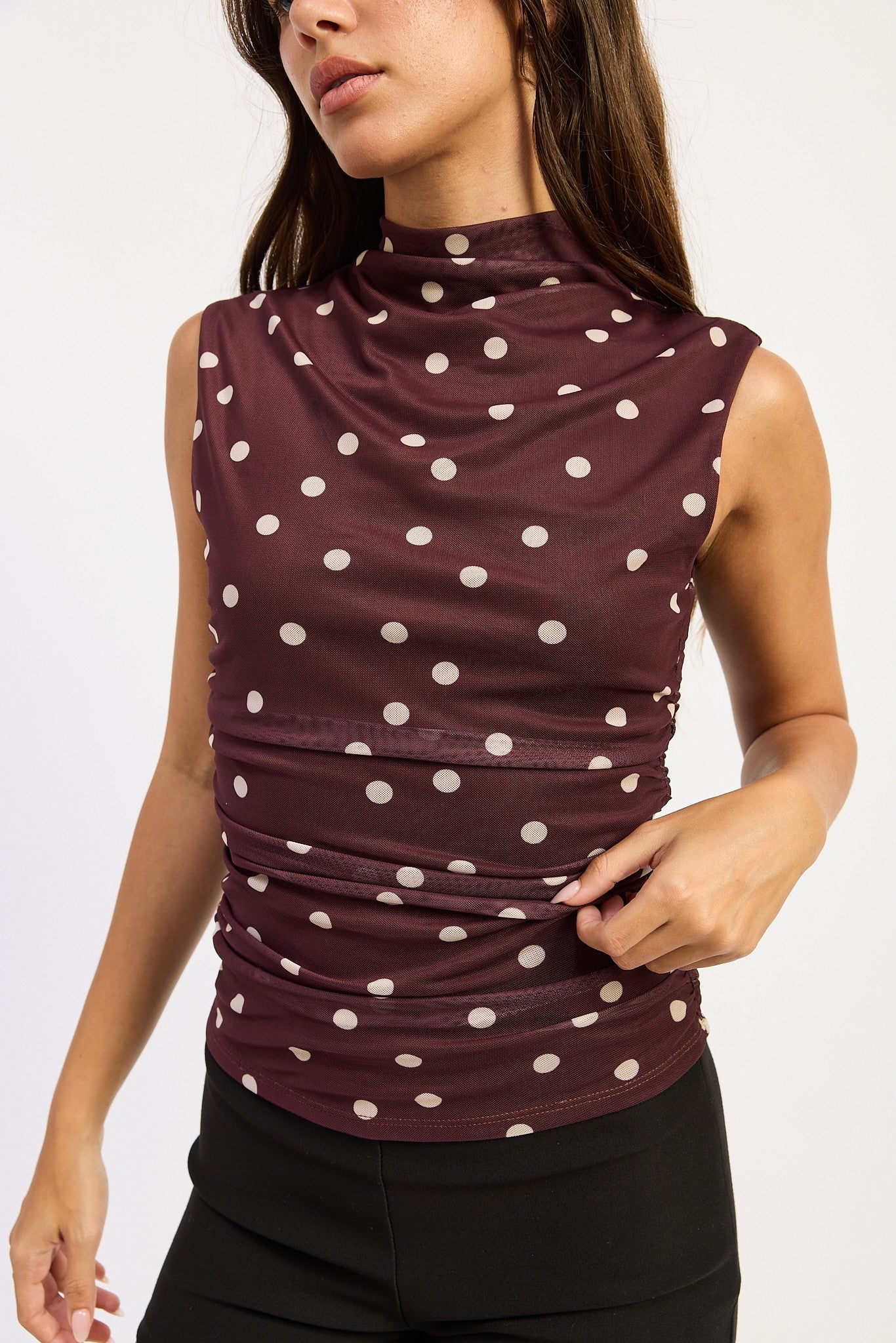 Brown Polka Dot Sleeveless Mesh Top