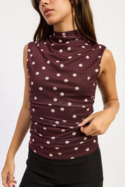 Brown Polka Dot Sleeveless Mesh Top