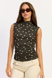 Green Polka Dot Sleeveless Mesh Top