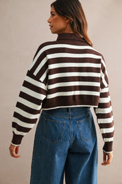 Striped Long Sleeve Polo Knit Sweater Cropped Top