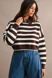 Striped Long Sleeve Polo Knit Sweater Cropped Top