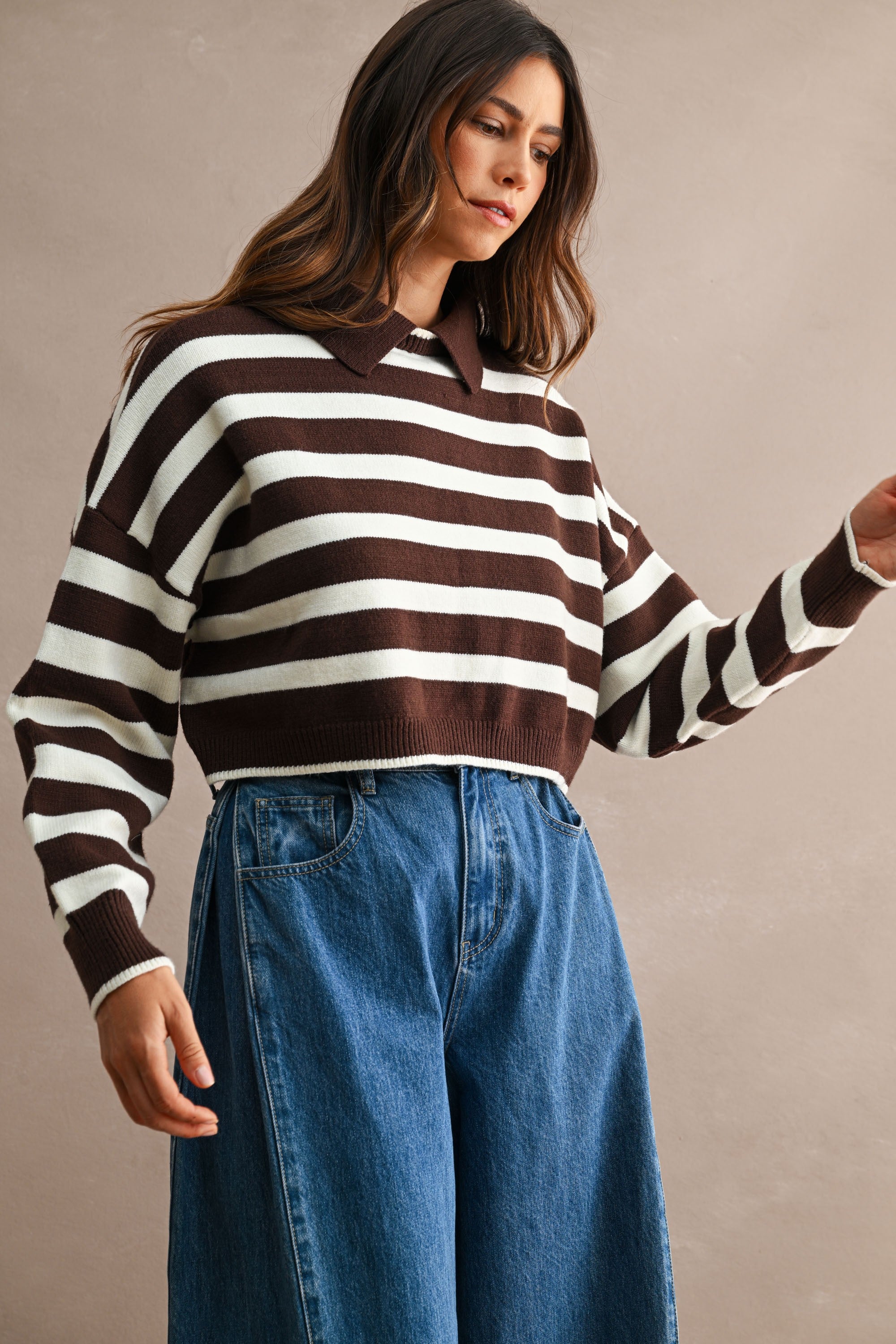 Striped Long Sleeve Polo Knit Sweater Cropped Top