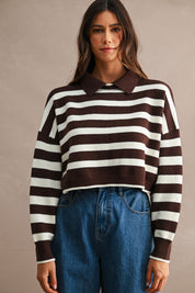 Striped Long Sleeve Polo Knit Sweater Cropped Top