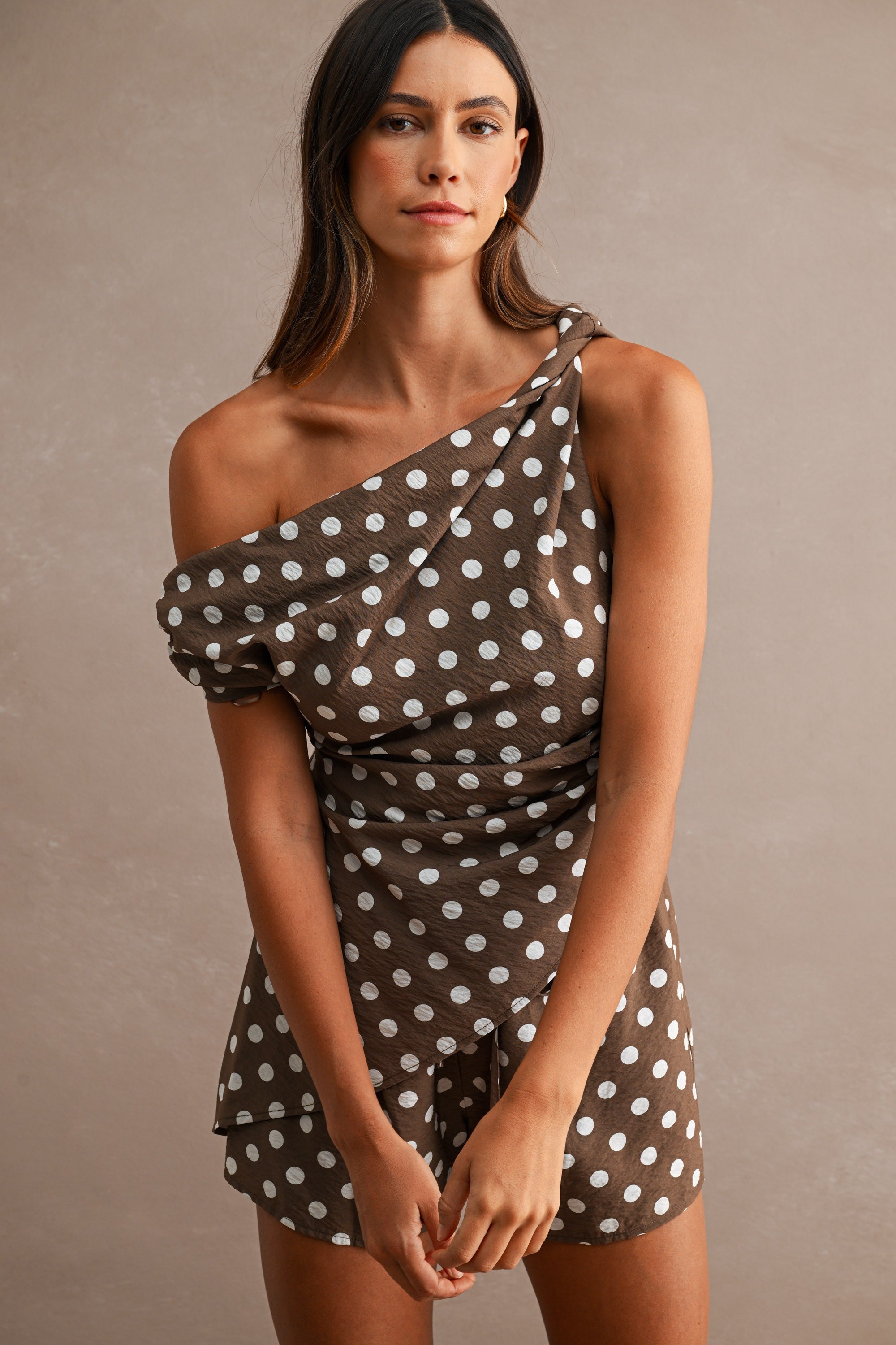 Polka Dot One Shoulder Top And Shorts Set