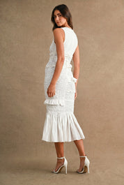 Ruffled Popcorn Smocked Mermaid Midi Dress