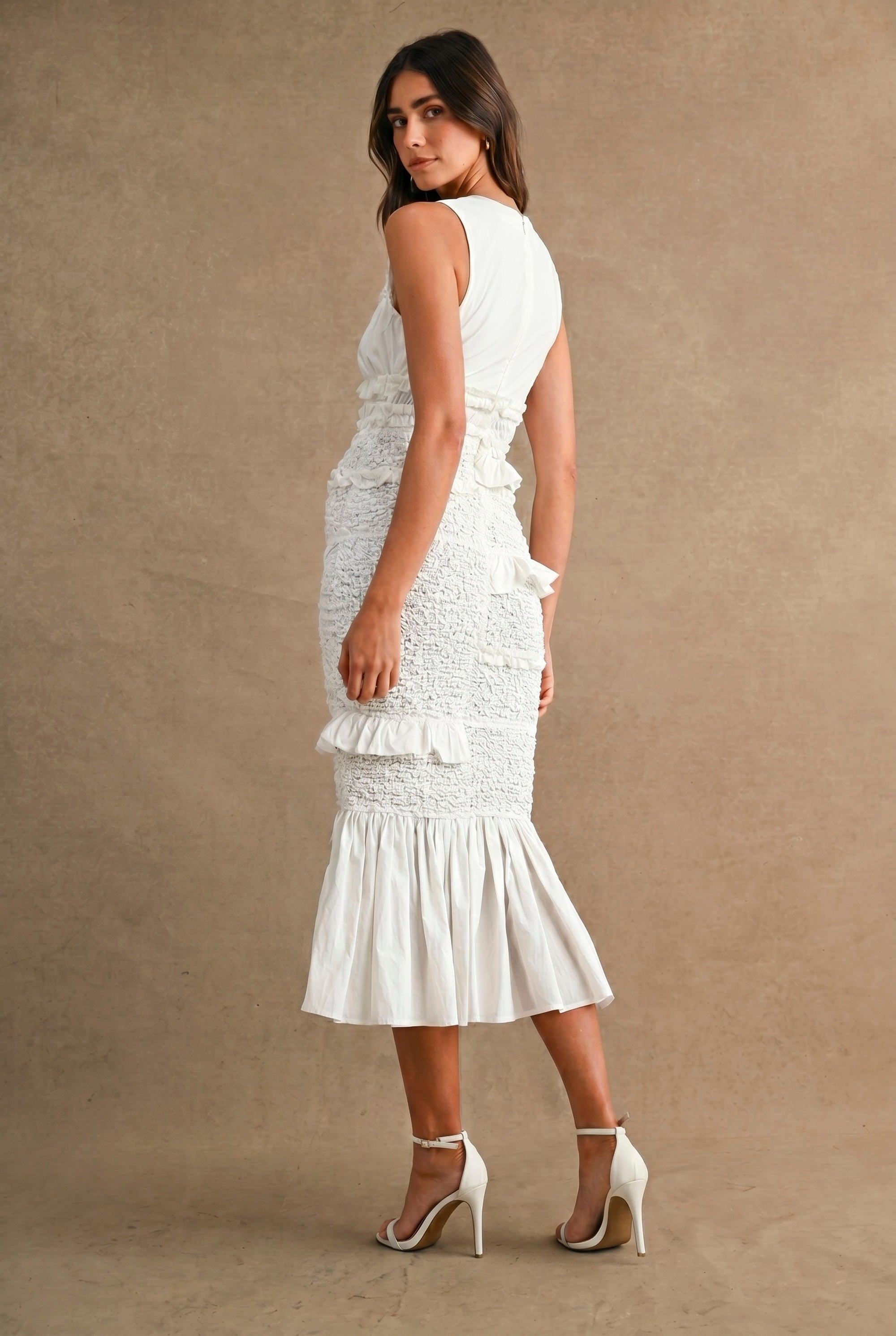 Ruffled Popcorn Smocked Mermaid Midi Dress