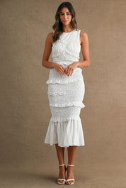 Ruffled Popcorn Smocked Mermaid Midi Dress