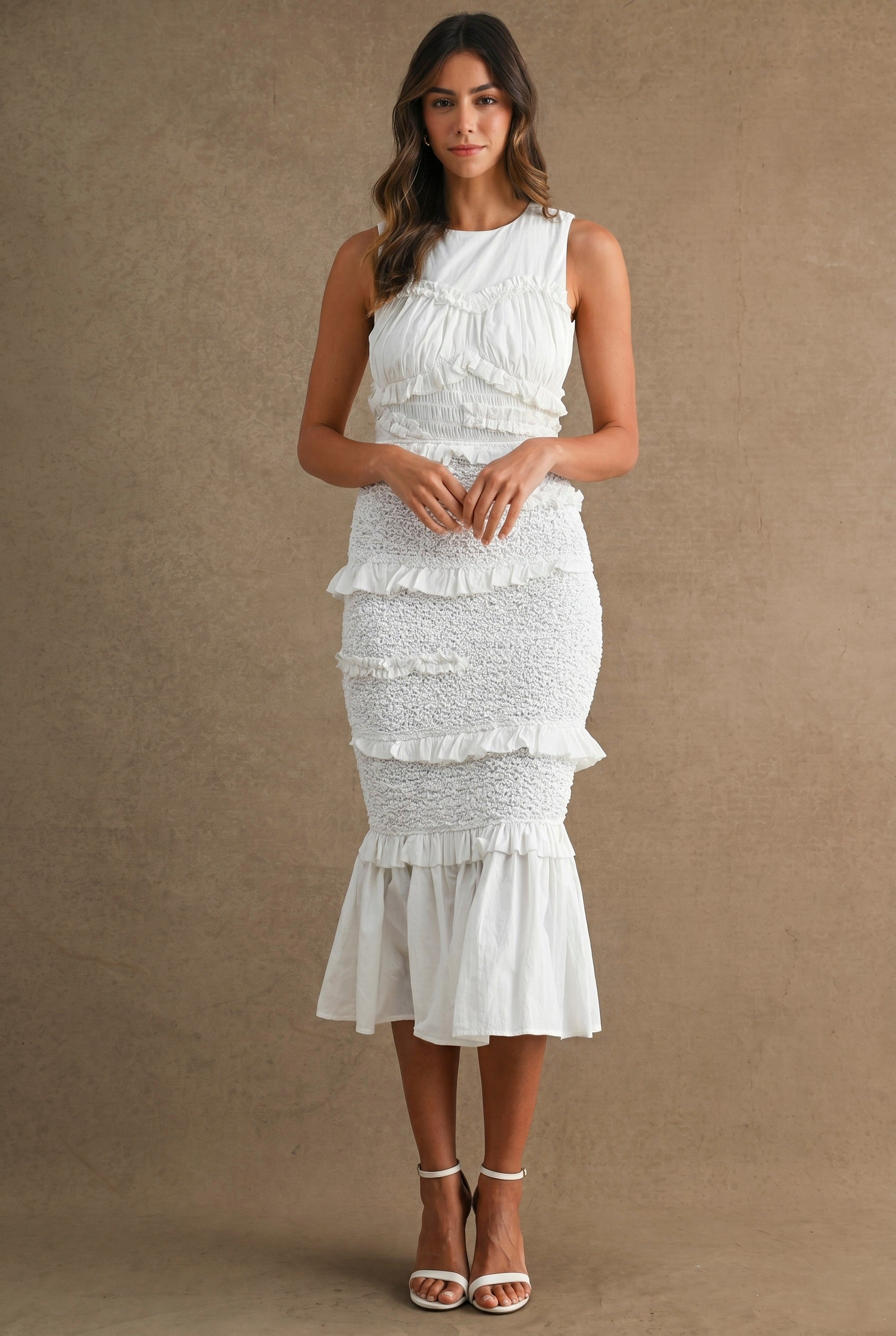 Ruffled Popcorn Smocked Mermaid Midi Dress