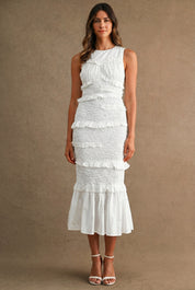 Ruffled Popcorn Smocked Mermaid Midi Dress