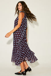 Polka Dot Mock Neck Asymmetrical Midi Dress
