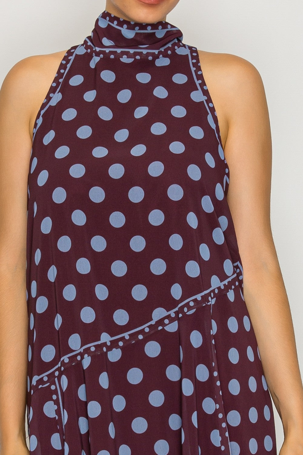 Polka Dot Mock Neck Asymmetrical Midi Dress