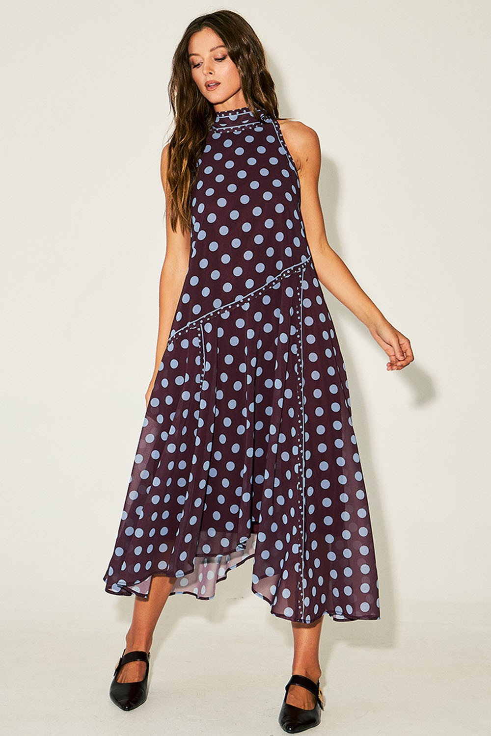 Polka Dot Mock Neck Asymmetrical Midi Dress