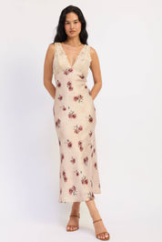 Satin Floral Midi Dress With Lace Contrast