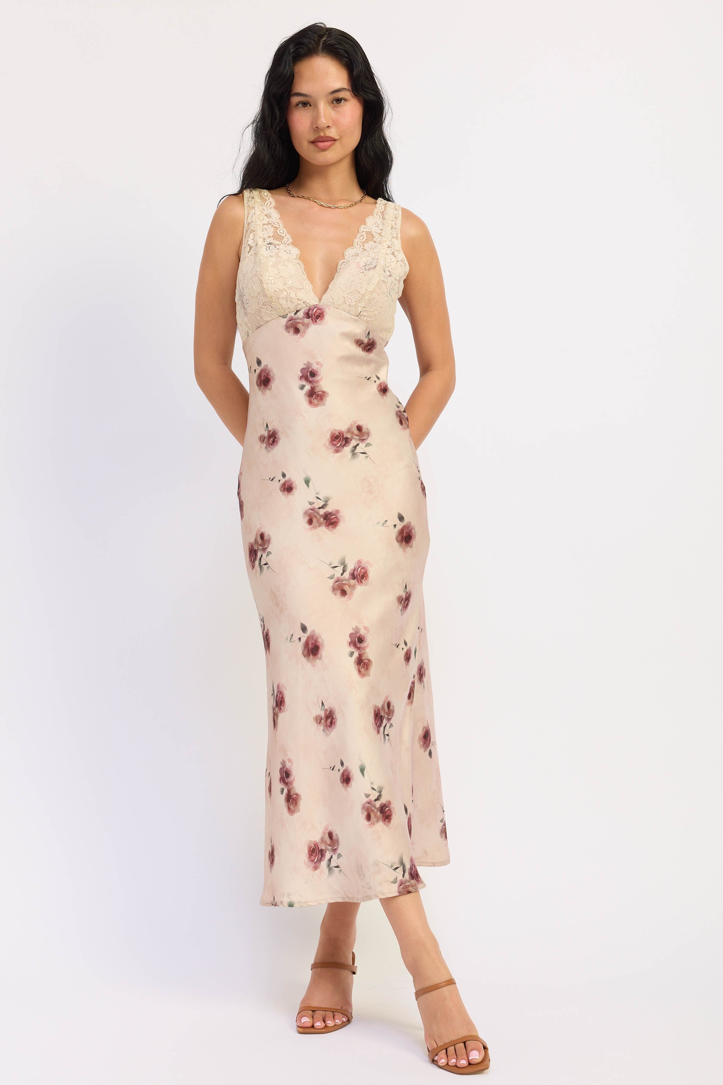 Satin Floral Midi Dress With Lace Contrast