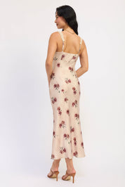 Satin Floral Midi Dress With Lace Contrast