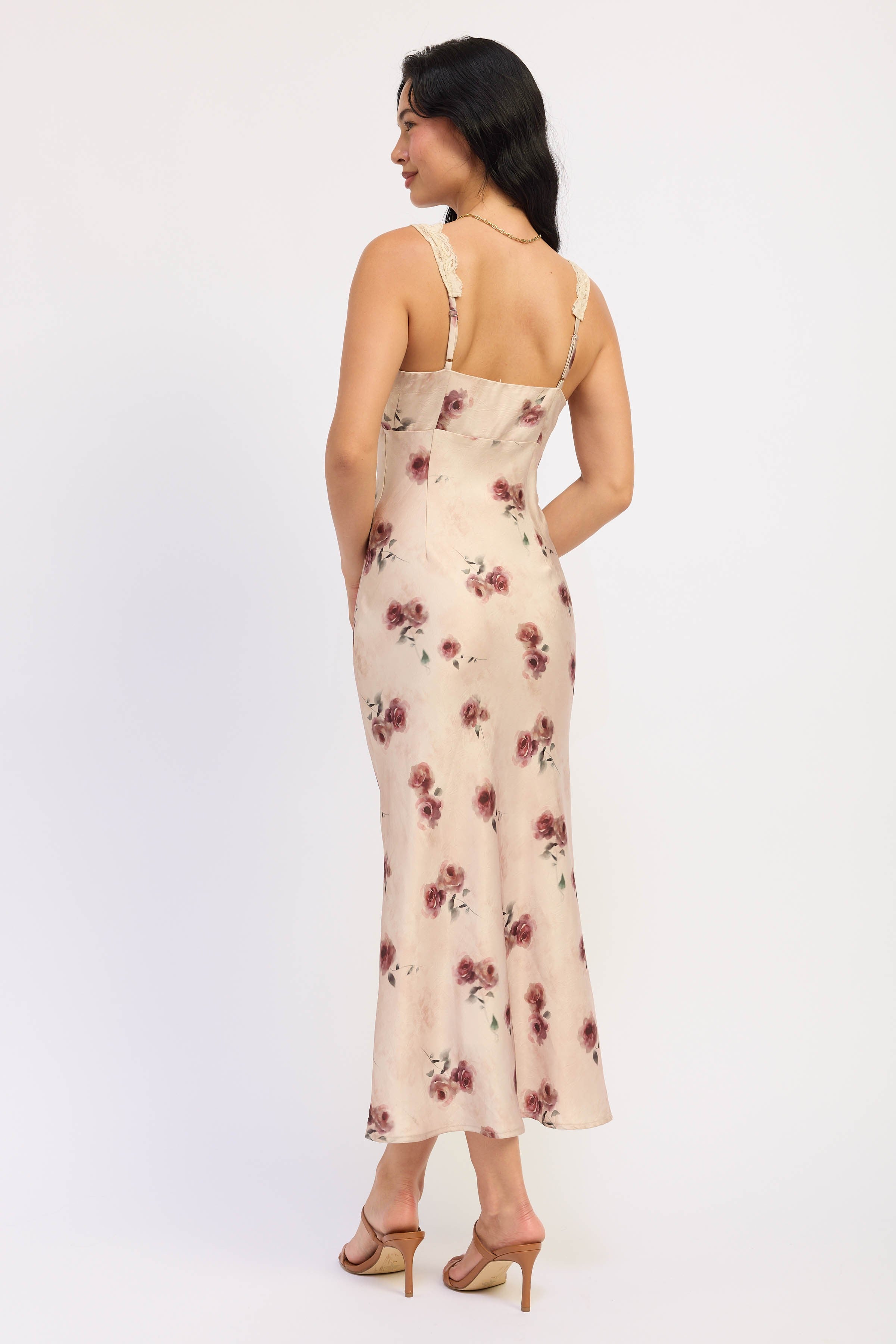 Satin Floral Midi Dress With Lace Contrast