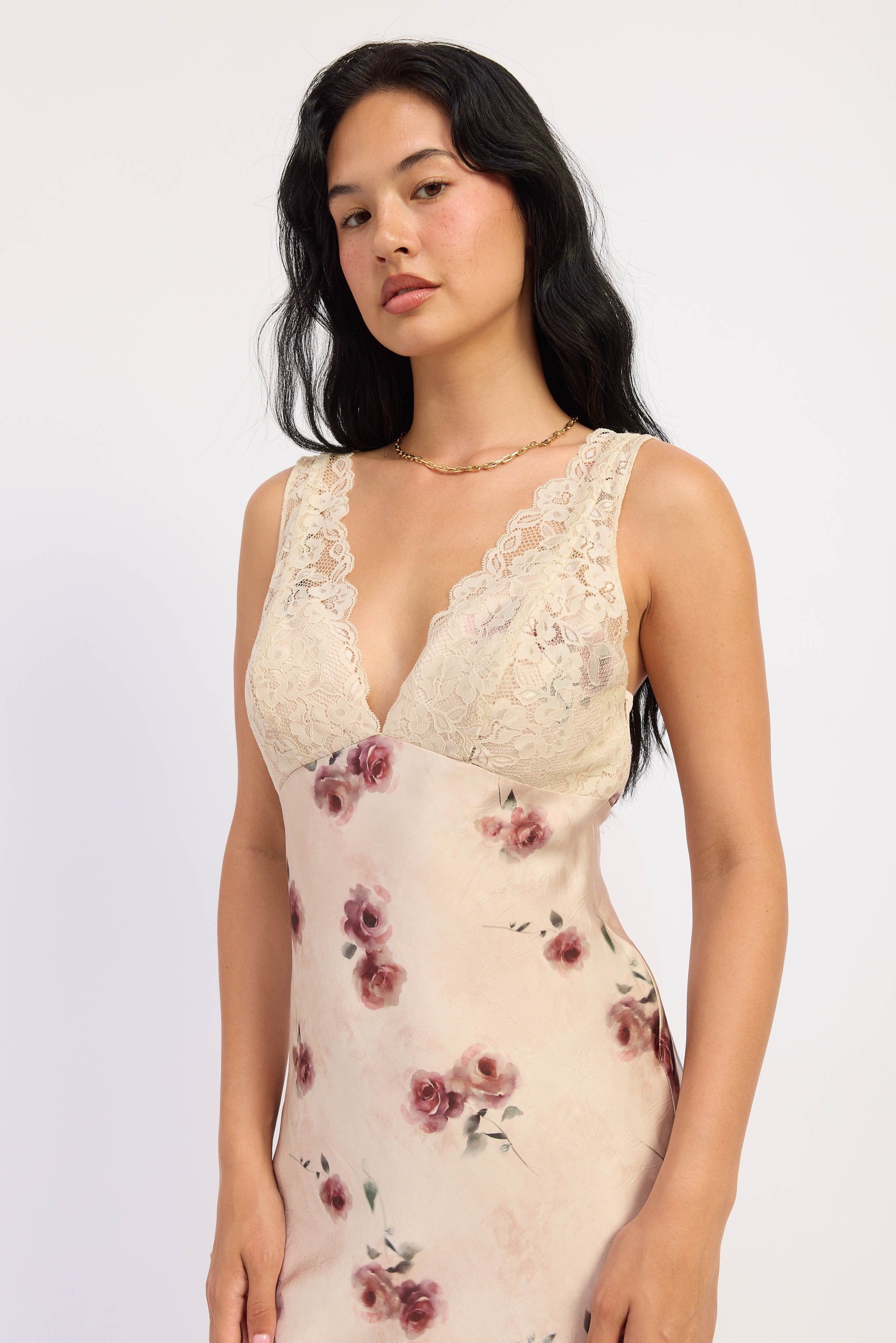Satin Floral Midi Dress With Lace Contrast