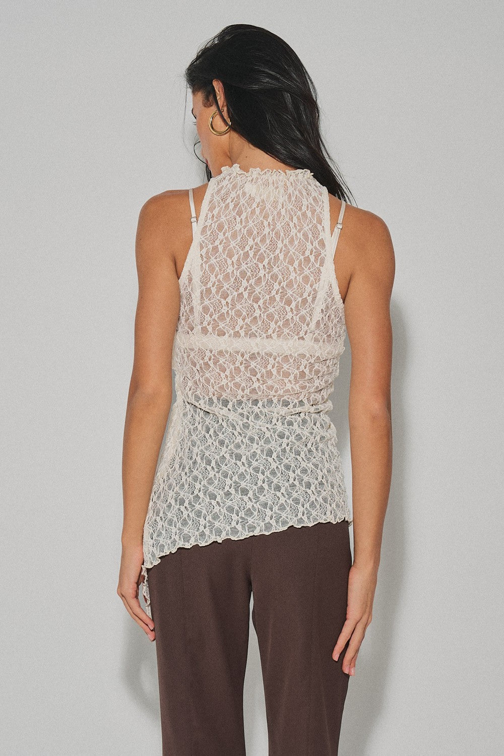 Cream Ladies Knit Gathered Lace Top
