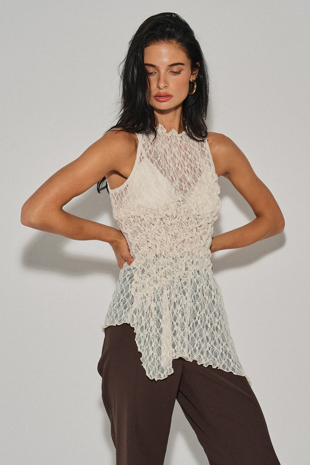 Cream Ladies Knit Gathered Lace Top