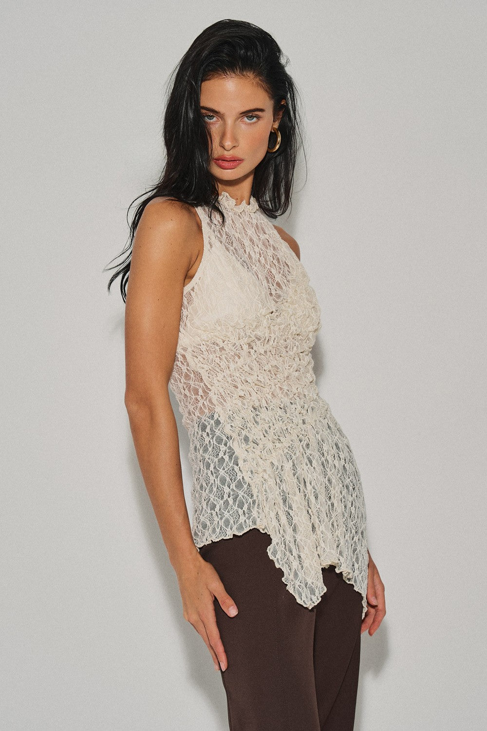 Cream Ladies Knit Gathered Lace Top