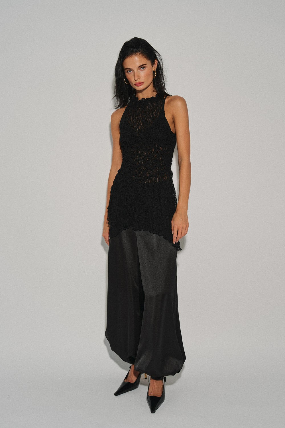 Black Ladies Knit Gathered Lace Top