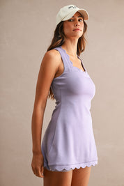 Lavender Scuba Scallop Square Neck Sleeveless Mini Dress With Shorts
