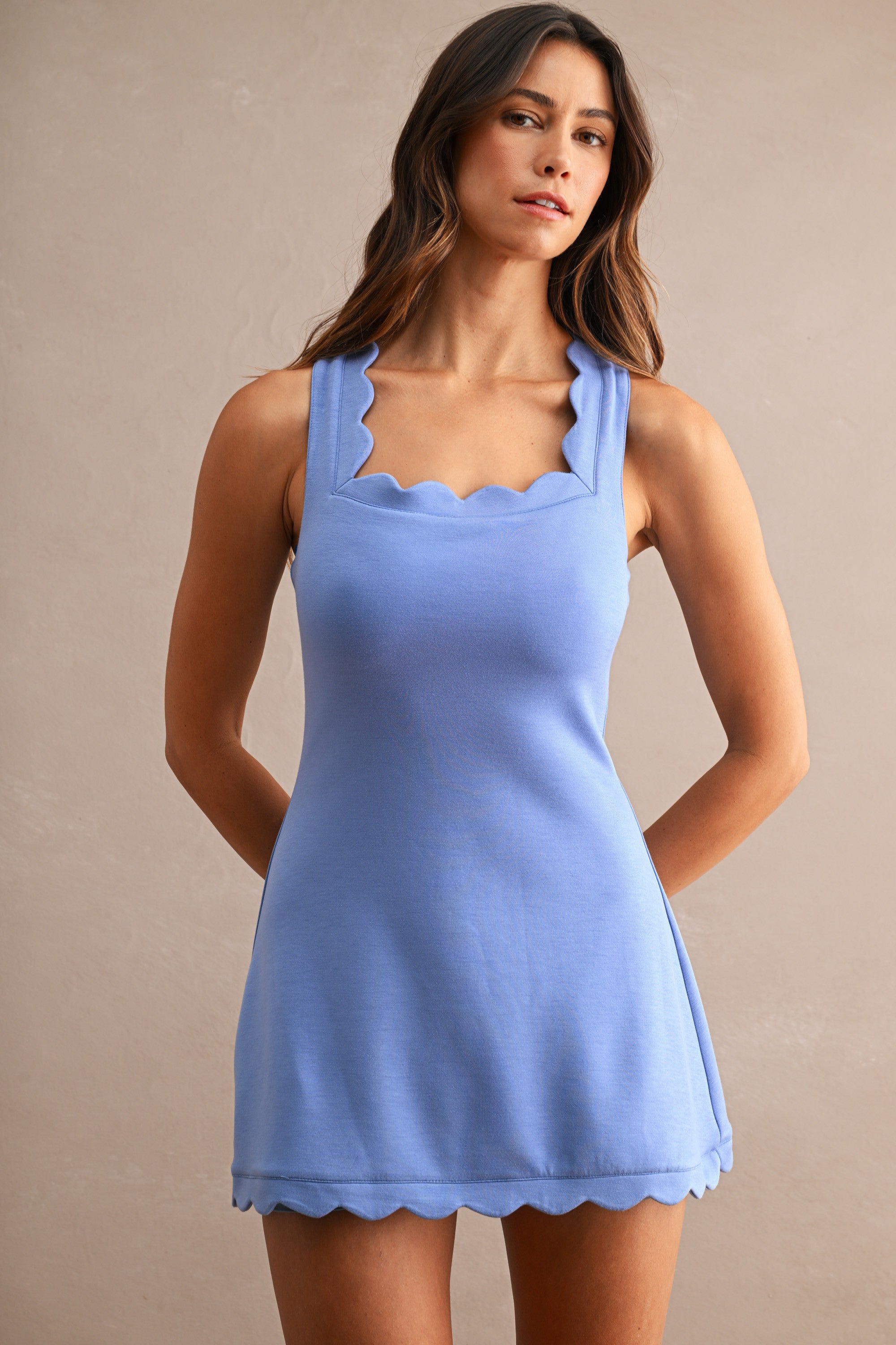 Scuba Scallop Square Neck Sleeveless Mini Dress With Shorts
