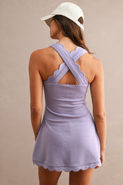 Lavender Scuba Scallop Square Neck Sleeveless Mini Dress With Shorts
