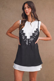 Solid Sleeveless Dress With Contrast Lace Overlay