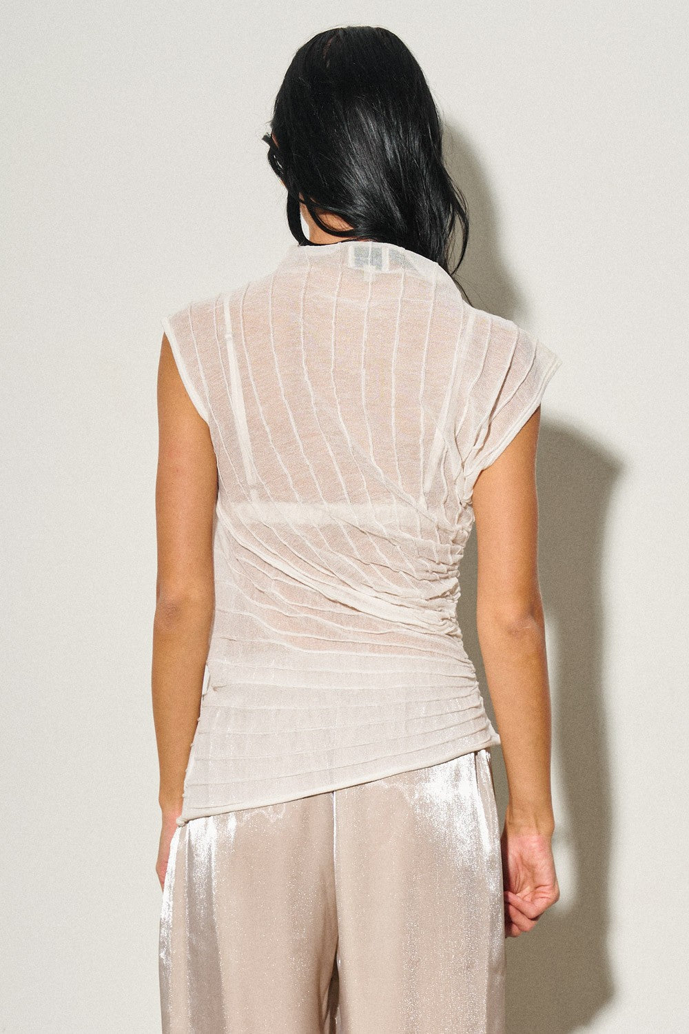 Knit Sheer Asymmetrical Mock-neck Top
