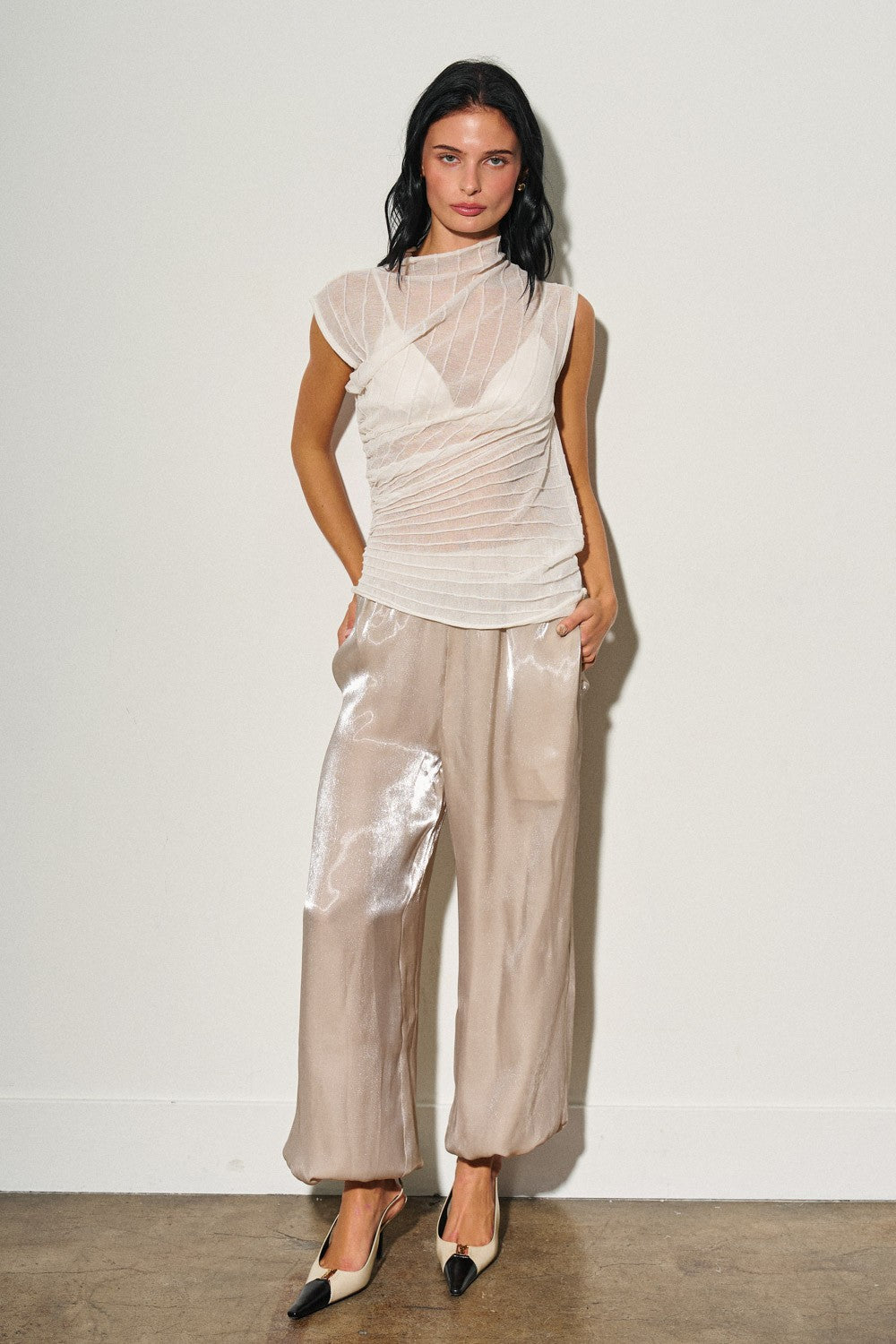 Knit Sheer Asymmetrical Mock-neck Top