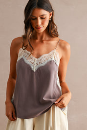 Eggplant Lace Trim Spaghetti Strap V Neckline Camisole Top