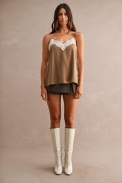 Lace Trim Spaghetti Strap V Neckline Camisole Top