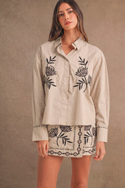 Embroidered Button Shirt And Mini Skirt Set