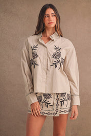 Embroidered Button Shirt And Mini Skirt Set