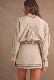 Embroidered Button Shirt And Mini Skirt Set