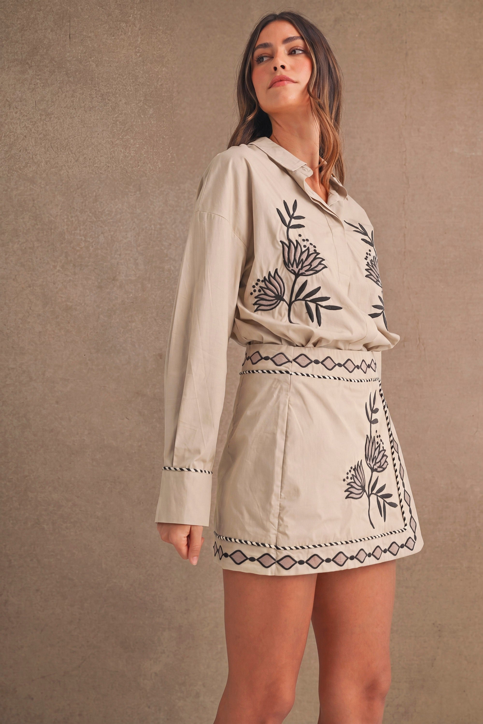 Embroidered Button Shirt And Mini Skirt Set