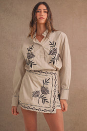 Embroidered Button Shirt And Mini Skirt Set