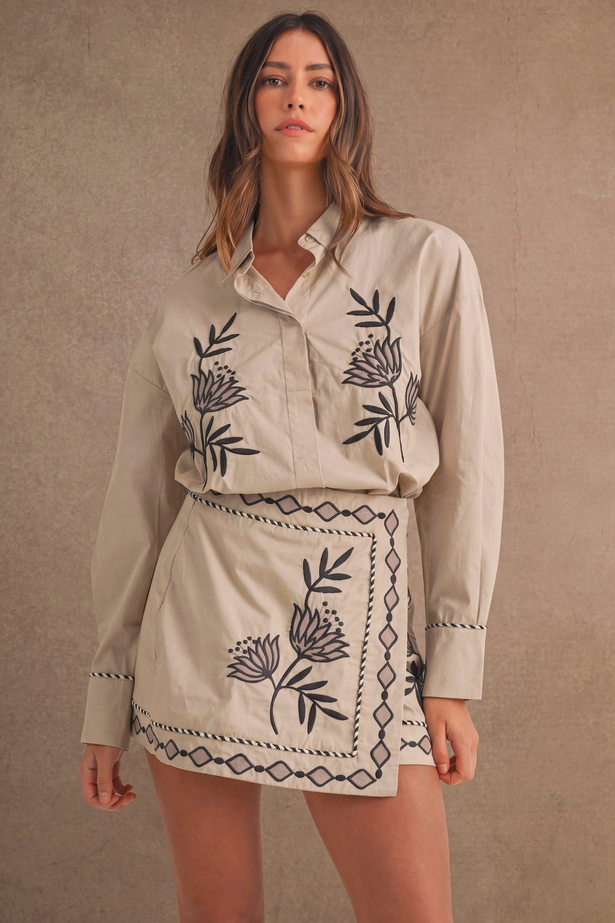Embroidered Button Shirt And Mini Skirt Set
