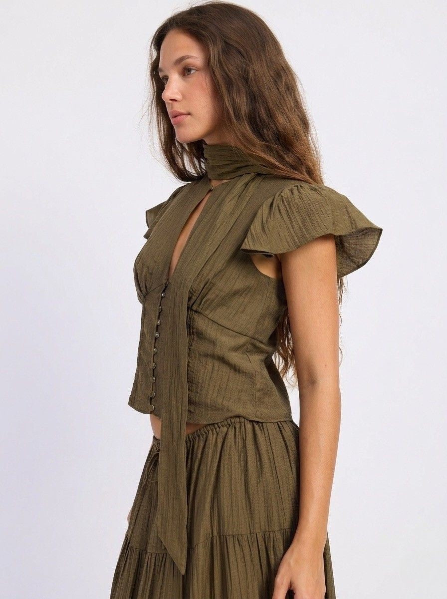 Short Sleeve Button Front Scarf Blouse