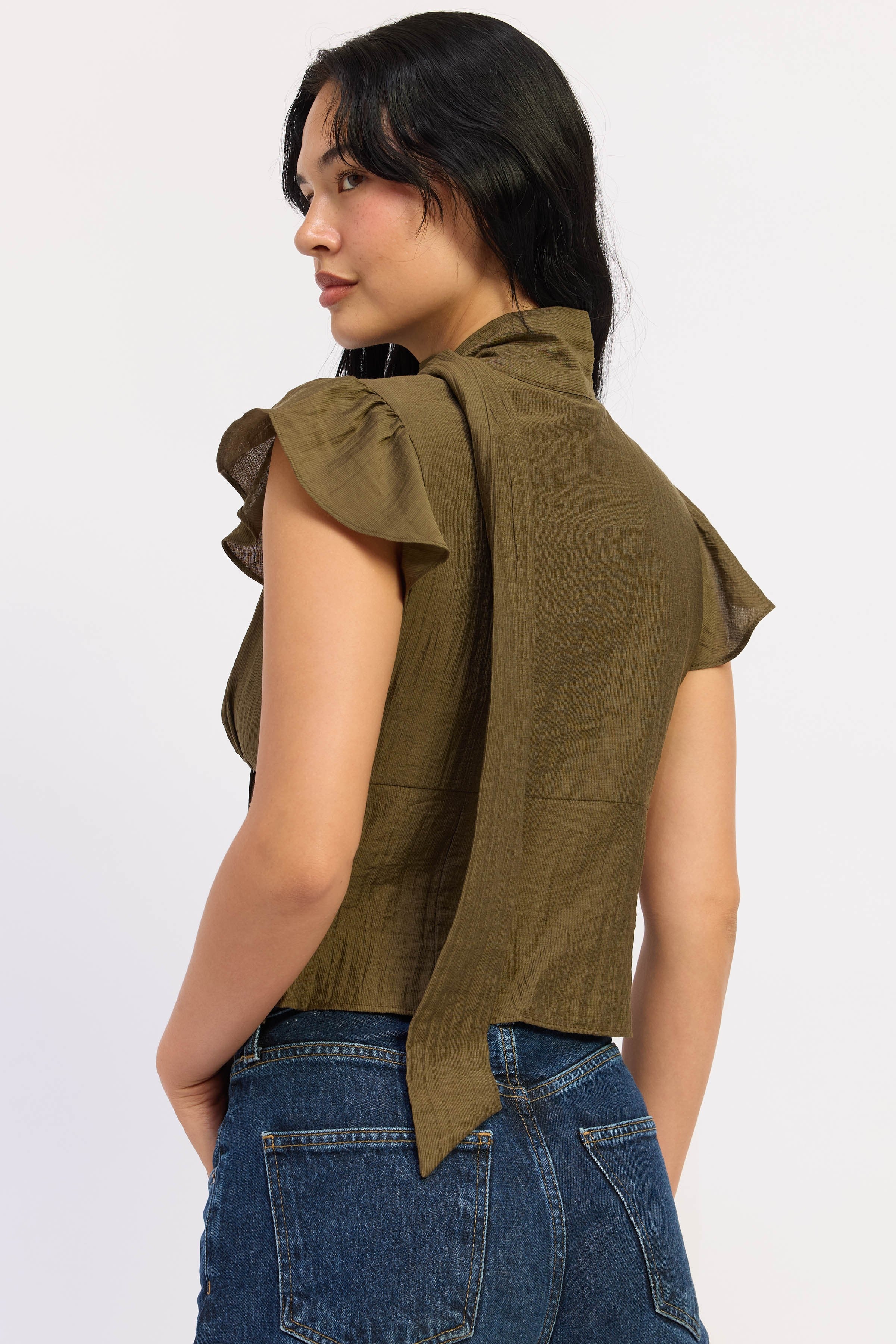 Short Sleeve Button Front Scarf Blouse