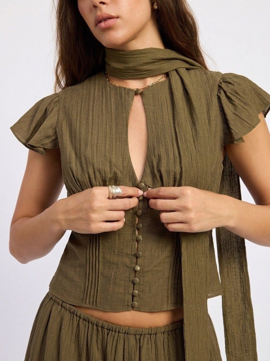 Short Sleeve Button Front Scarf Blouse