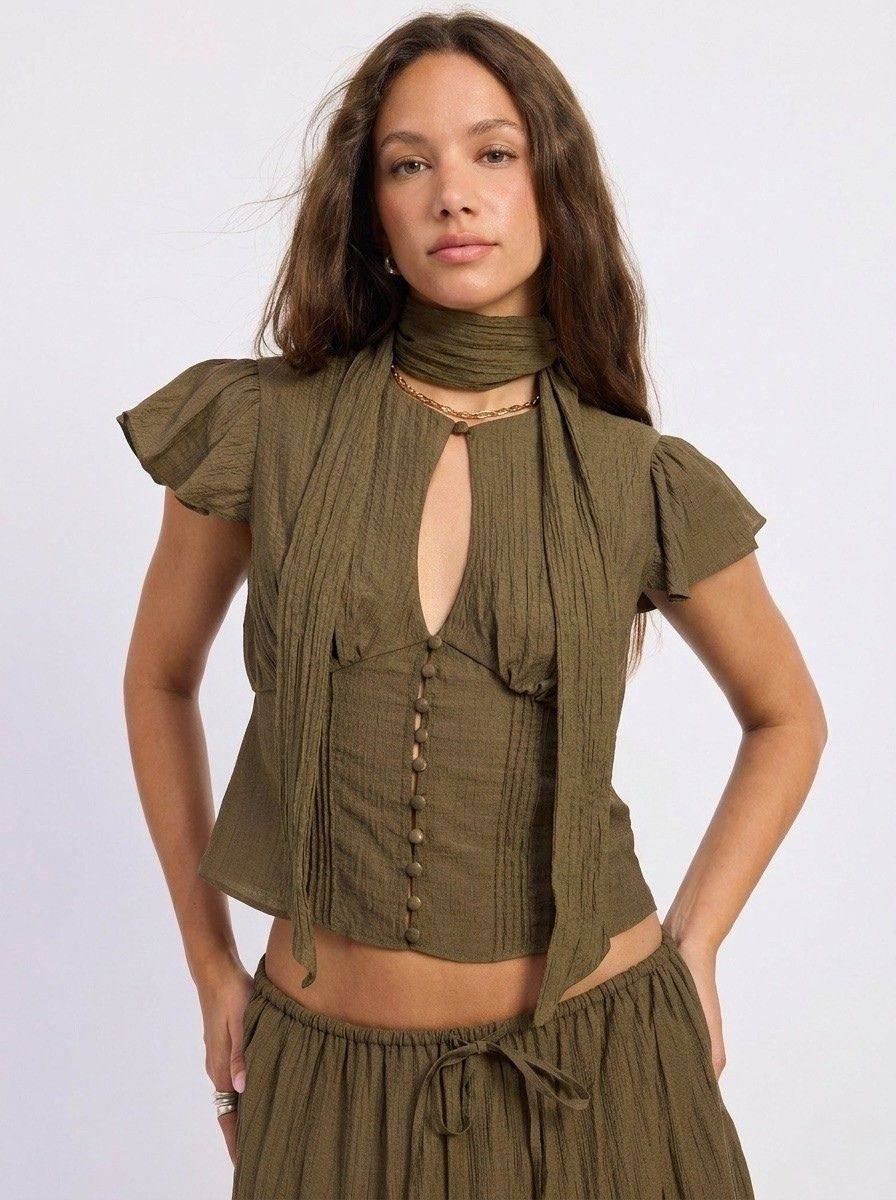 Short Sleeve Button Front Scarf Blouse